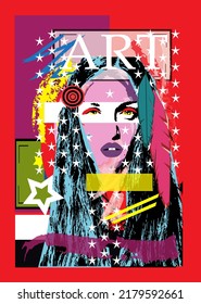 Abstract art poster of a girl, pop art graffiti vector illustration of shapes, portrait of people.