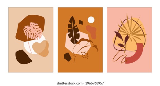 Abstract art poster set with tropical leaves and abstract forms. Design for social media, postcards, wallpapers