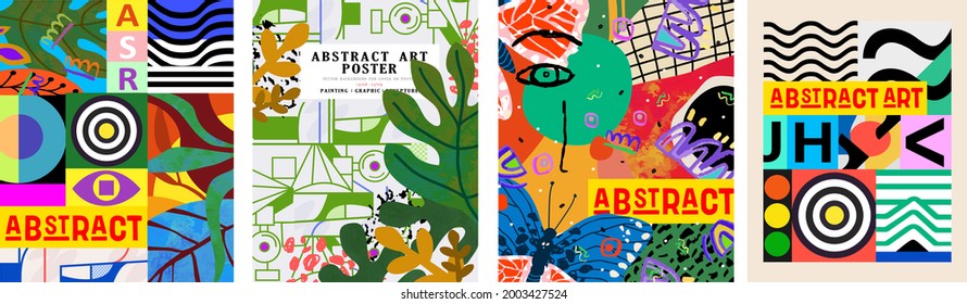 Abstract art poster. Vector trendy illustrations of geometric shapes, lines, faces and objects for modern background, flyer or card.
