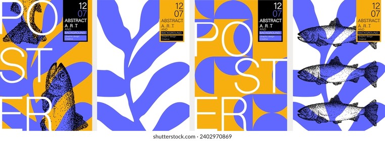 Afiche artístico abstracto. Ilustraciones de moda vectorial de formas geométricas, líneas, hojas de peces y objetos para fondo moderno, volante o tarjeta.
Dibujos y formas geométricas.