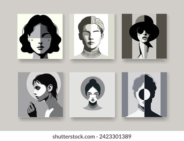 Abstract art poster. Vector trendy illustrations of geometric shapes, lines, faces and objects for modern background, flyer or card.