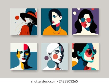 Abstract art poster. Vector trendy illustrations of geometric shapes, lines, faces and objects for modern background, flyer or card.