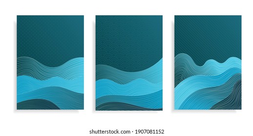 Abstract art posters background blue aqua sea waves,ocean water and coast beach.Template texture wave lines pattern for banner or card.Frames for text with logo.Vector cover social media,textile print