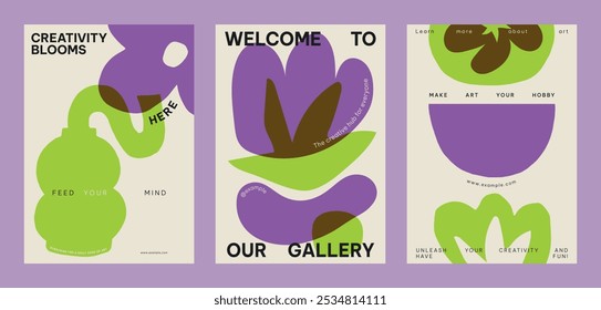 Abstract art posters with bold purple and green shapes. Creative designs with purple and green, showcasing abstract art. Welcome to the art gallery. Creative floral poster template vector set.