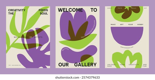 Abstract art posters with bold purple and green shapes. Creativity and art gallery themes. Eye-catching design for art lovers. Modern, vibrant, and artistic. Creative floral poster template vector set