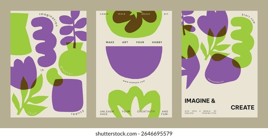 Abstract art posters with bold purple and green shapes. Creative design with vibrant colors. Perfect for art lovers and hobbyists. Imagine and create. Poster with green and purple vector illustration.