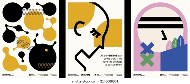 Abstract art posters collection. Vector template with primitive shapes elements, modern hipster style. Illustrations of simple shapes, line, circle.