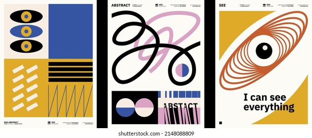 Colección de afiches de arte abstracto. Plantilla vectorial con elementos de formas primitivas, estilo hipster moderno. Ilustraciones de formas simples, línea, círculo.