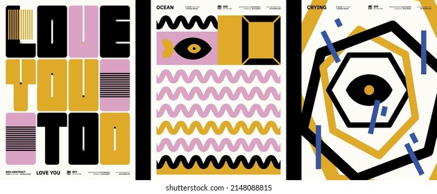 Colección de afiches de arte abstracto. Plantilla vectorial con elementos de formas primitivas, estilo hipster moderno. Ilustraciones de formas simples, línea, círculo.