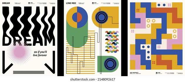 Colección de afiches de arte abstracto. Plantilla vectorial con elementos de formas primitivas, estilo hipster moderno. Ilustraciones de formas simples, línea, círculo.