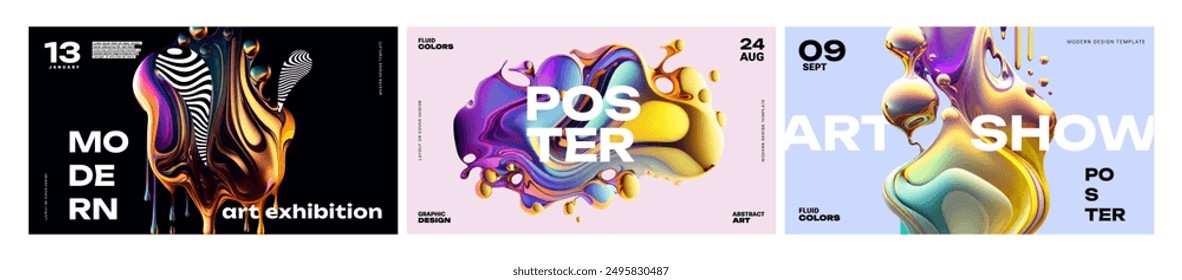 Abstract art posters, covers or prints set with liquid shapes, gradients in luminous colors and typography design. Modern design templates for art show or exhibition, night party, musical event, promo