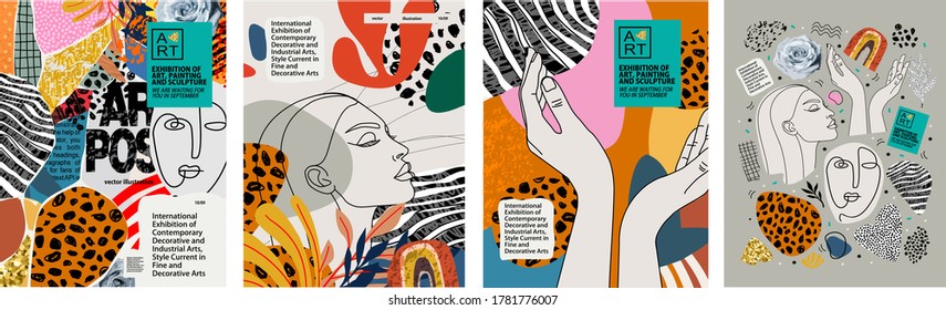 Absztrakt művészeti plakátok művészeti kiállításhoz: zene, irodalom vagy festészet. Vektor illusztrációk formák, portrék az emberek, kezek, foltok és textúrák háttérrel

