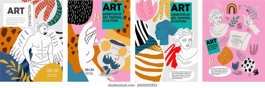 Abstract art posters for an art exhibition: music, literature or painting. Vector illustrations of shapes, Greek antique sculpture, old statue, hands, spots and textures for backgrounds.
