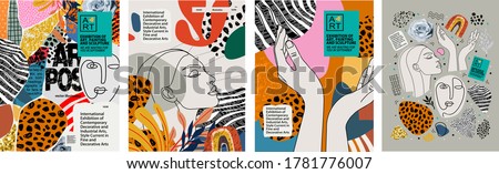 Abstract art posters for an art exhibition: music, literature or painting. Vector illustrations of shapes, portraits of people, hands, spots and textures for backgrounds
 
