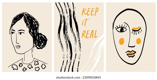 Abstract art posters for art exhibition. Scribble, doodle line art naive portraits of people with motivational slogan. Perfect for posters, wall art, editorials, templates. 