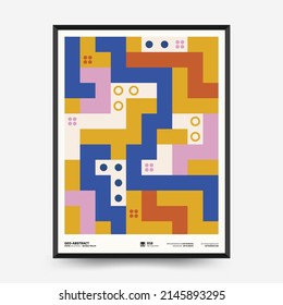 Afiches de arte abstracto para una exposición de arte. Plantilla vectorial con elementos de formas primitivas, estilo hipster moderno. Ilustraciones de formas simples, línea, círculo.