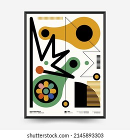 Abstract art posters for an art exhibition. Vector template with primitive shapes elements, modern hipster style. Illustrations of simple shapes, line, circle.