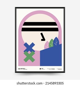 Afiches de arte abstracto para una exposición de arte. Plantilla vectorial con elementos de formas primitivas, estilo hipster moderno. Ilustraciones de formas simples, línea, círculo.