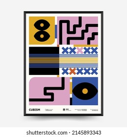 Afiches de arte abstracto para una exposición de arte. Plantilla vectorial con elementos de formas primitivas, estilo hipster moderno. Ilustraciones de formas simples, línea, círculo.