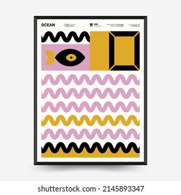Afiches de arte abstracto para una exposición de arte. Plantilla vectorial con elementos de formas primitivas, estilo hipster moderno. Ilustraciones de formas simples, línea, círculo.