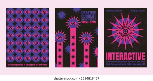 Abstract art posters with eye motifs. Bold colors, eye patterns, and creative designs. Eye-catching visuals for art exhibitions and creative events. Psychedelic retro poster template vectors.