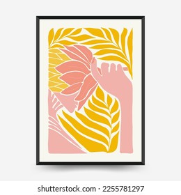 Vorlage für abstrakte Kunstplakate. Moderner Stil Matisse minimalistisch. Rosa, blau, gelb. Handgezeichnetes Design für Tapete, Tapete, Druck, Postkarte, Deckel, Vorlage, Banner. 