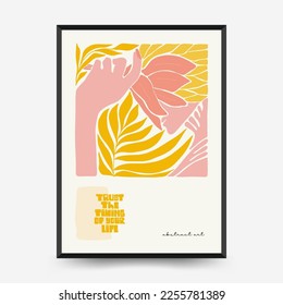 Abstract art posters template. Modern trendy Matisse minimal style. Pink, blue, yellow colors. Hand drawn design for wallpaper, wall decor, print, postcard, cover, template, banner. 