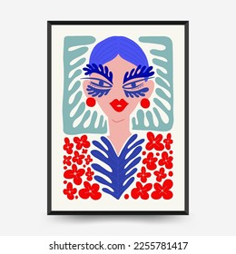 Abstract art posters template. Modern trendy Matisse minimal style. Pink, blue, yellow colors. Hand drawn design for wallpaper, wall decor, print, postcard, cover, template, banner. 