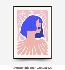 Abstract art posters template. Modern trendy Matisse minimal style. Pink, blue, yellow colors. Hand drawn design for wallpaper, wall decor, print, postcard, cover, template, banner. 