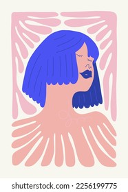 Plantilla de afiches de arte abstracto. Moderna moda Matisse minimalista. Color rosa, azul, amarillo. Diseño dibujado a mano para papel pintado, decoración de pared, impresión, postal, cubierta, plantilla, banner. 