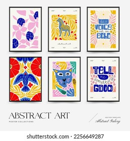 Plantilla de afiches de arte abstracto. Moderna moda Matisse minimalista. Color rosa, azul, amarillo. Diseño dibujado a mano para papel pintado, decoración de pared, impresión, postal, cubierta, plantilla, banner. 