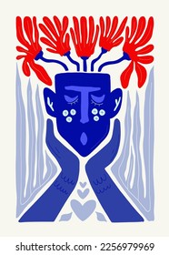 Abstract art posters template. Modern trendy Matisse minimal style. Pink, blue, yellow colors. Hand drawn design for wallpaper, wall decor, print, postcard, cover, template, banner. 