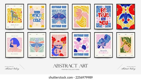 Abstract art posters template. Modern trendy Matisse minimal style. Pink, blue, yellow colors. Hand drawn design for wallpaper, wall decor, print, postcard, cover, template, banner. 