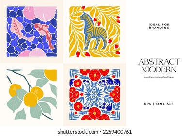 Abstract art posters template. Modern trendy Matisse minimal style. Pink, blue, yellow colors. Hand drawn design for wallpaper, wall decor, print, postcard, cover, template, banner. 