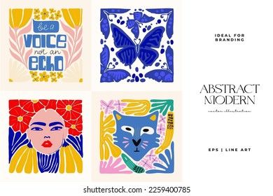 Abstract art posters template. Modern trendy Matisse minimal style. Pink, blue, yellow colors. Hand drawn design for wallpaper, wall decor, print, postcard, cover, template, banner. 
