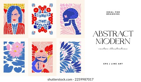 Abstract art posters template. Modern trendy Matisse minimal style. Pink, blue, yellow colors. Hand drawn design for wallpaper, wall decor, print, postcard, cover, template, banner. 