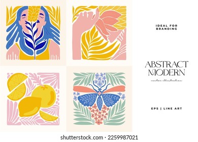 Abstract art posters template. Modern trendy Matisse minimal style. Pink, blue, yellow colors. Hand drawn design for wallpaper, wall decor, print, postcard, cover, template, banner. 