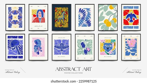 Abstract art posters template. Modern trendy Matisse minimal style. Pink, blue, yellow colors. Hand drawn design for wallpaper, wall decor, print, postcard, cover, template, banner. 