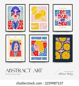 Abstract art posters template. Modern trendy Matisse minimal style. Pink, blue, yellow colors. Hand drawn design for wallpaper, wall decor, print, postcard, cover, template, banner. 