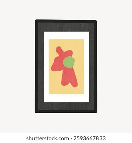 Abstract art print with bold red and green shapes on a yellow background, framed in black. Modern abstract design, perfect for contemporary decor. Isolated vector illustration.