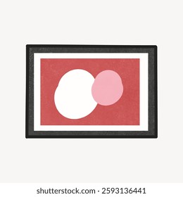 Abstract art print featuring overlapping white and pink circles on a red background, framed in black. Modern and minimalist design for home decor. Isolated vector illustration.