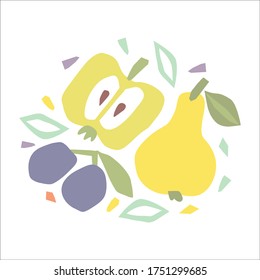 Abstract art print with fruits drawing isolated on white background. Modern illustration. Children textile, t-shirt print.