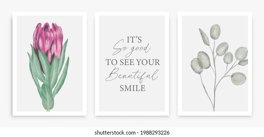 Abstract art protea flower and eucalyptus leaf background vector. Wall art design with watercolor art texture from floral and botanical flower, botanical leaves