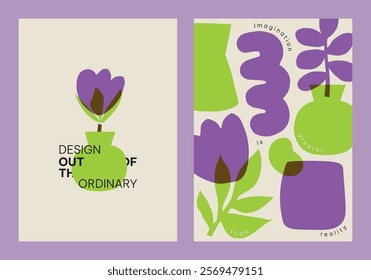 Abstract art with purple and green shapes, vases, and flowers. Creative design with bold colors, emphasizing imagination and originality in art. Creative floral poster template vector set.