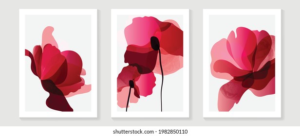 Abstract art red flower background vector. wall art design with watercolor art texture from floral and botanical flower, x-ray botanical leaves design  Vector illustration.