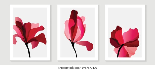 Abstract Art Red Flower Background Vector. Wall Art Design With Watercolor Art Texture From Floral And Botanical Flower, X-ray Botanical Leaves Design  Vector Illustration.