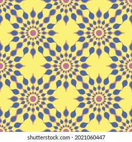 Abstract art repeating seamless vector design in starburst formations in navy and yellow with pink detail