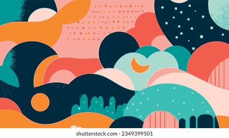 Arte abstracto con estilo risográfico. Sinfonía de colores en juego geométrico, adecuado para el arte de la pared, pegatinas y diseños de postales. Técnicas tradicionales de impresión reimaginadas.