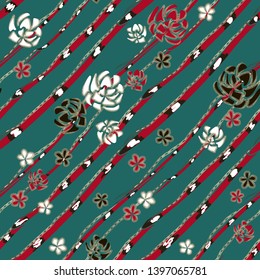 Abstract art roses like brooch, coral snakes and jewelry diamond chains on turquoise background. Vector seamless pattern. Luxury floral and reptilian backdrop. Chic template for design.