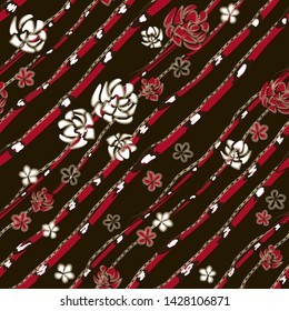 Abstract art roses like brooch, coral snakes and jewelry diamond chains on black background. Vector seamless pattern. Luxury floral and reptilian backdrop. Chic template for design.